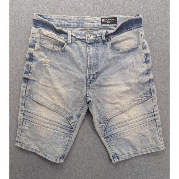 Southpole Shorts Mens 32 Blue Distressed Slim Moto Biker Denim Light Wash Jean - Picture 1 of 13